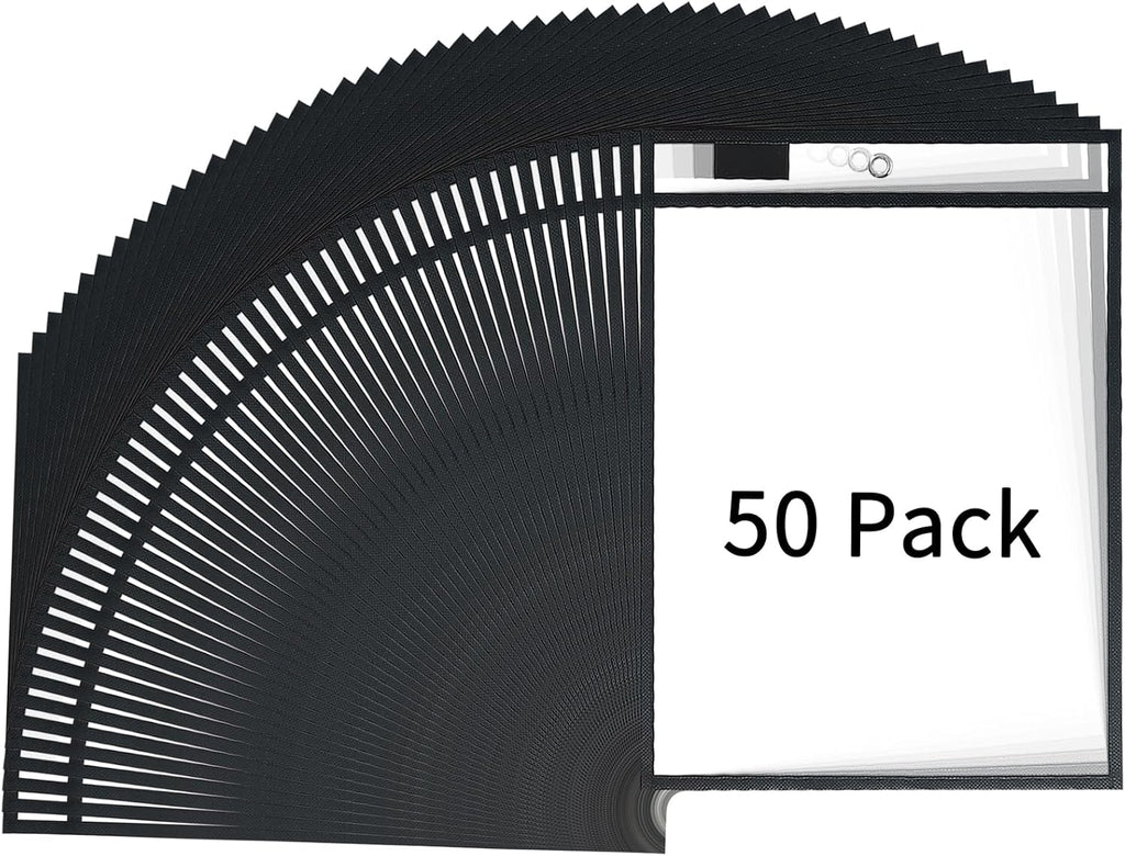 Job Ticket Holders - Reusable Black Plastic Sleeves (10 x 14 Inches), Clear Pockets, Dry Erase, 50PCS