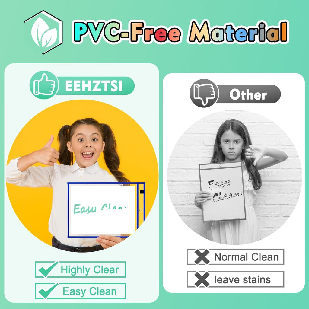 30 Packs Dry Erase Pocket Sleeves, Reusable Clear Plastic Classroom Pocket, 10x14 Inch Ticket Holders, Plastic Sleeves for School/Office Organization