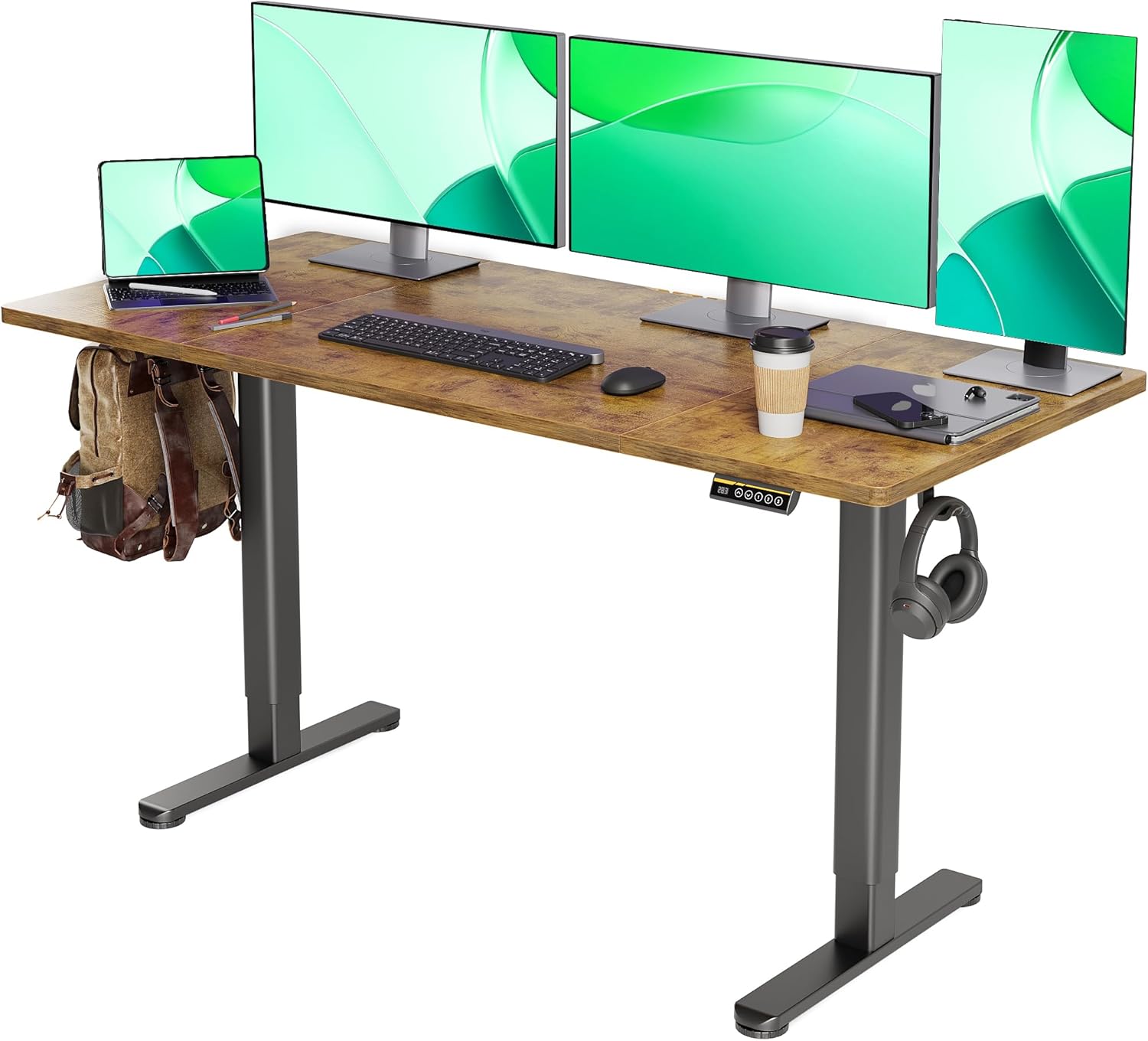 Claiks Electric Standing Desk, Adjustable Height Stand up Desk, 63x24 Inches Sit Stand Home Office Desk with Splice Board, Black Frame/Rustic Brown Top