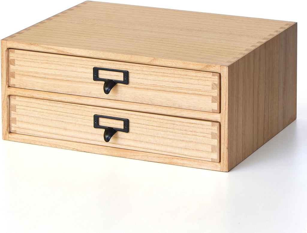 Kirigen Natural Wood Desktop Storage Cabinet -Shallow Type Drawers - Fax Stand with metal handle - Small File organizer Size 13.78"L*10.6"W*5.9"H(NA, 2-Layer &2 Drawers)