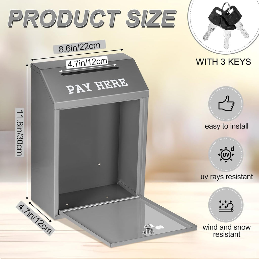 Safe Cash Box Money Collection Metal Donation Box with Lock Wall Mount Pre Drilled Mailbox Delivery Ballot for Home Office Outdoor Self Serve Stand(Gray,11.8 x 8.6 x 4.7 Inch)