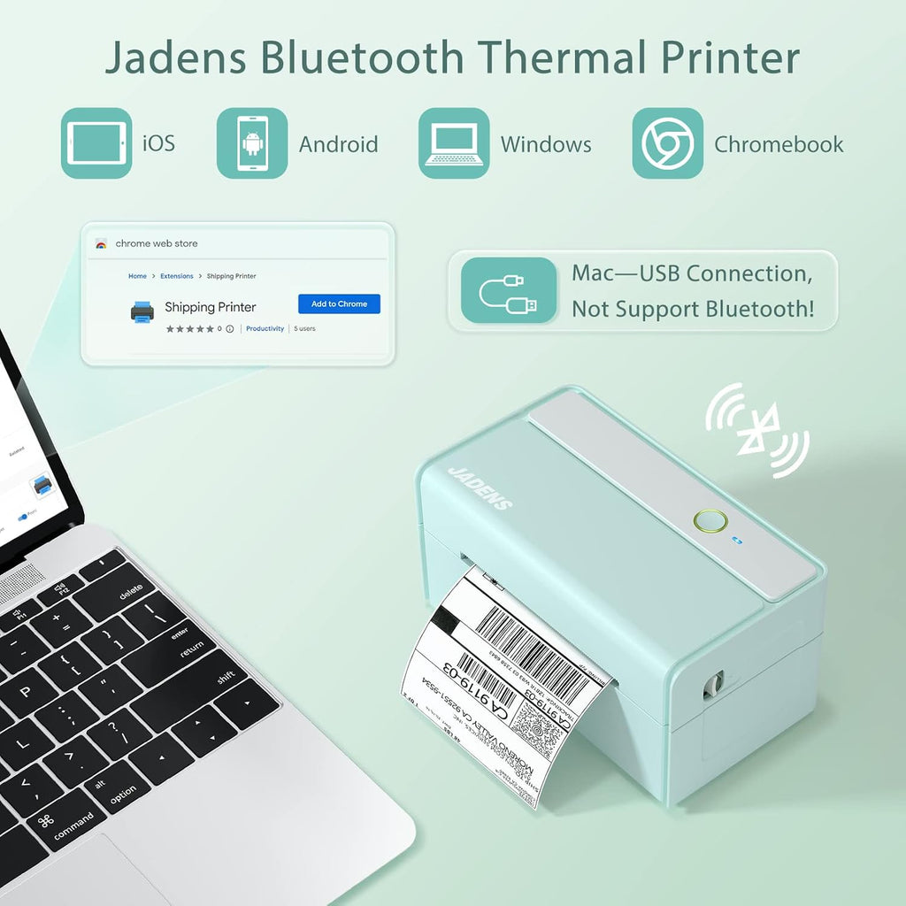 JADENS Bluetooth Thermal Label Printer -Wireless Shipping Label Printer for Small Business & Package, USPS, Etsy, Amazon, Compatible with iPhone, Windows, Android, 4x6, Label Maker, Green