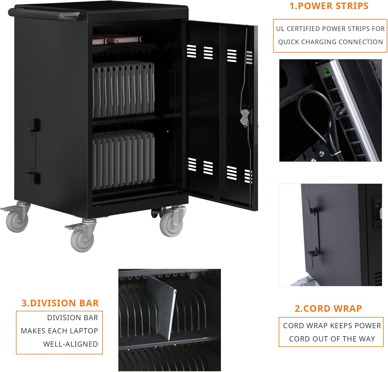 32 Device Mobile Charging Cart, Chromebooks and Laptop Computers, Locking Charging Station with Lock & Key