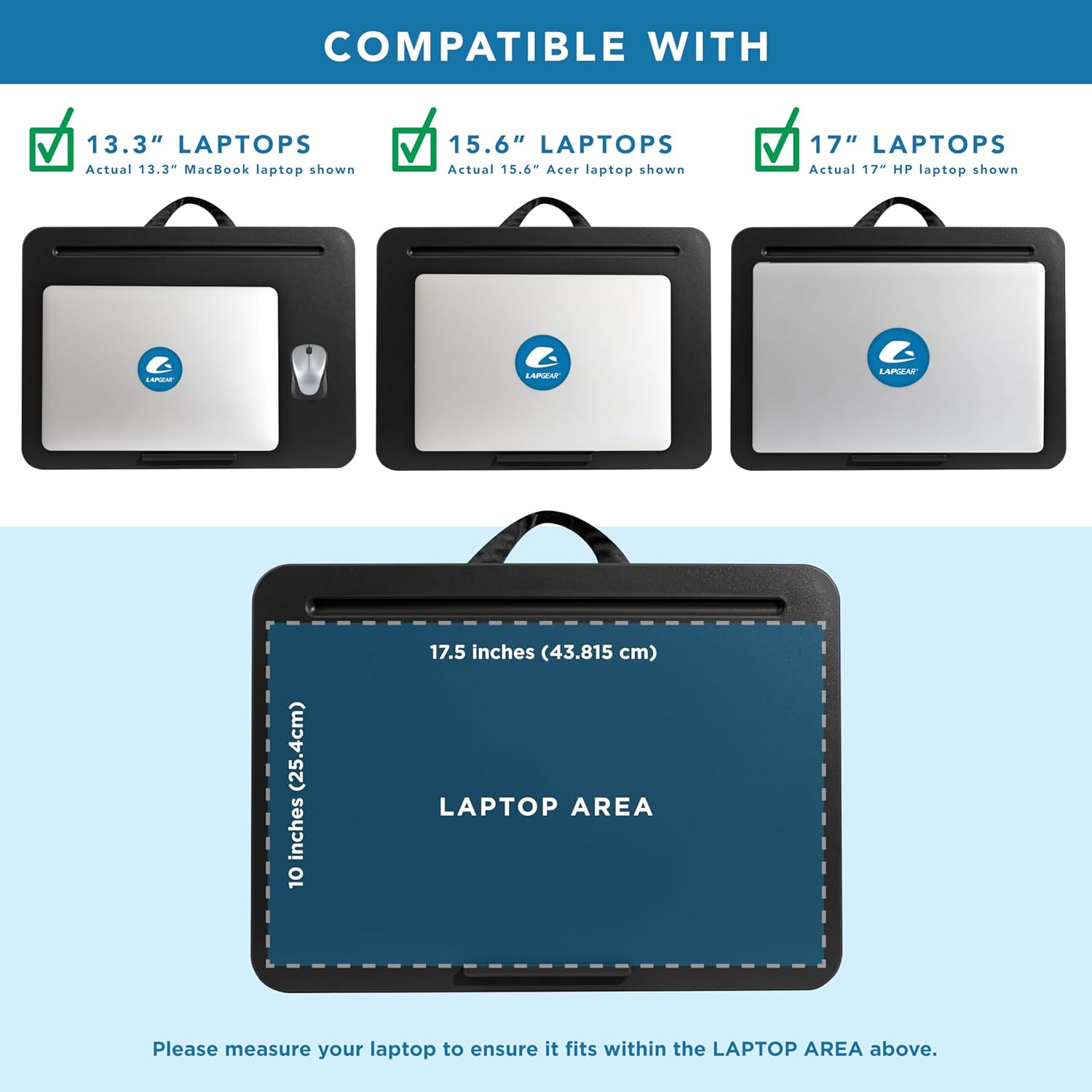 LAPGEAR Original Lap Desk – Large (17.9” x 13”) | Fits Up to 17.3” Laptops | Cushioned with Device Ledge, Pencil Tray & Handle | Portable & Lightweight | 12-Pack | Black – Style No. 45008