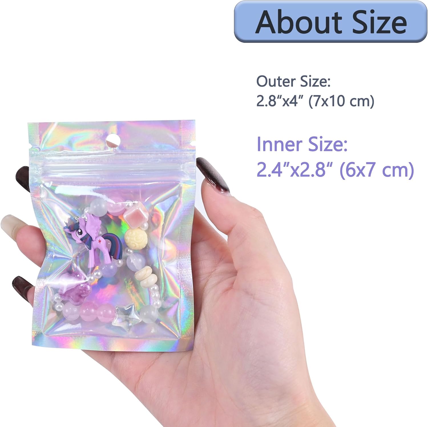 100 Pack Holographic Resealable Plastic Bags for Food Storage, Zipper Bags with Clear Front Window, Packaging Pouch for Small Business (100 Pack, 2.8x4 inch)