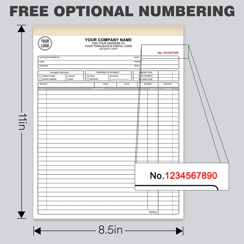 Custom Invoices Receipt Book for Small Business Personalized 2-Part Duplicate Carbonless Logo Receipt Books Sales Payment Forms with Company Name Address Phone Number 100 Sets 8.5" x 11"