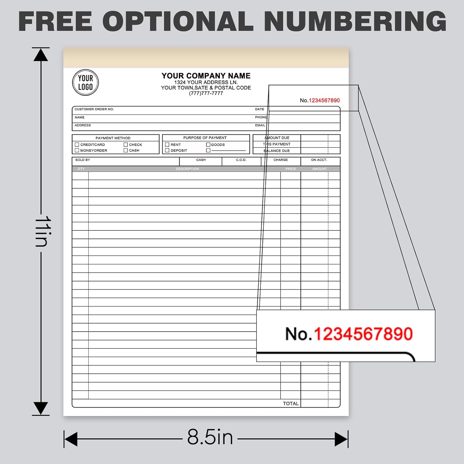 Custom Invoices Receipt Book for Small Business Personalized 2-Part Duplicate Carbonless Logo Receipt Books Sales Payment Forms with Company Name Address Phone Number 100 Sets 8.5" x 11"