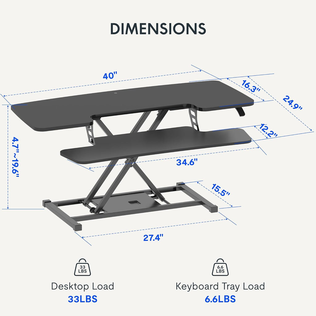 FLEXISPOT 40" Wide Standing Desk Converter Sit to Stand up Riser Height Adjustable Computer Workstation with Spacious 2-Tier Desktop, Black