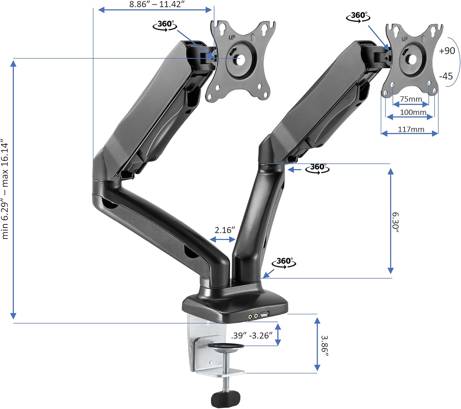 Rocelco 46" Height Adjustable Corner Standing Desk Converter with Dual Monitor Arm Mount Bundle - Sit Stand Up Tabletop Computer Workstation Riser - Extra Large Keyboard Tray - Black (R CADRB-46-MA2)