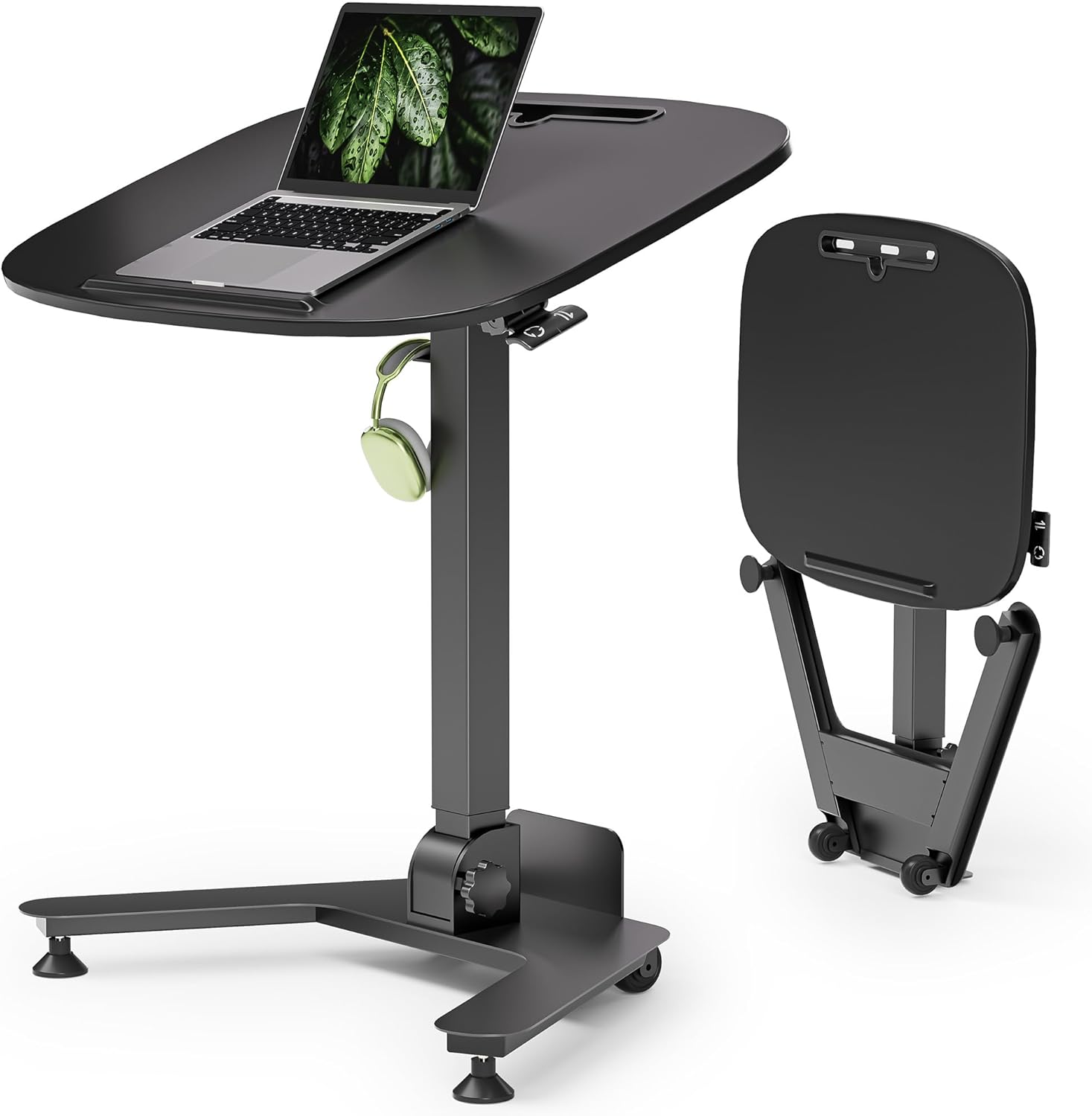 Foldable Pneumatic Height Adjustable Mobile Standing Desk with 90° Tiltable Tabletop, 27.2x18.9 Inch Portable Laptop Desk with Wheels, Holds Up to 66.1lbs for Home Office, Study, Black
