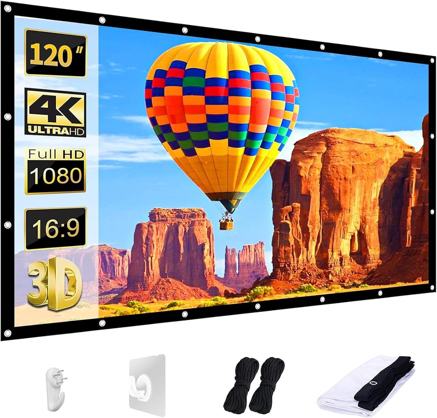 AAJK Projector Screen 120 inch, Washable Projector Screen 16:9 Foldable Anti-Crease Portable Projector Movies Screen for Home Theater Outdoor Indoor Support Double Sided Projection