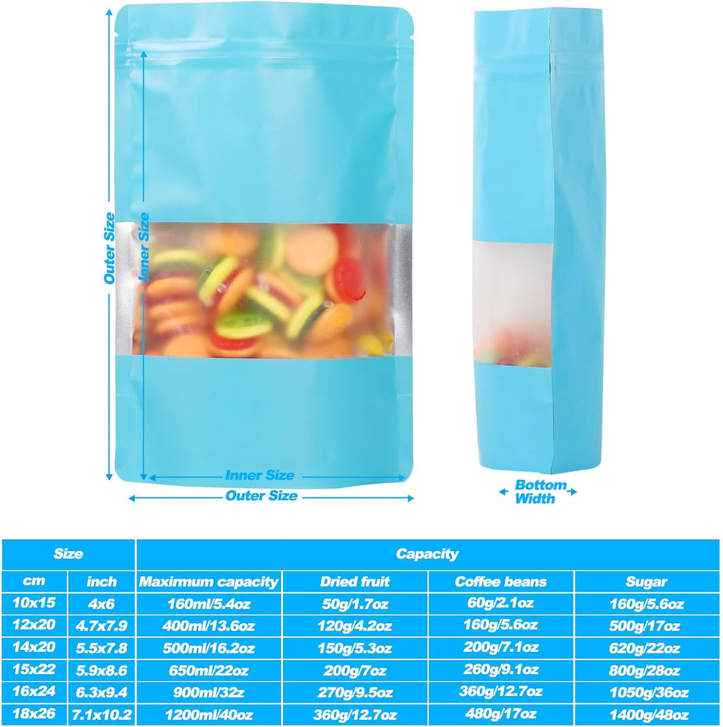 100 Pack Smell Proof Bags, Resealable Mylar Bags with Matte Window, Foil Pouch Stand-up Bags for Food Self Sealing Storage, Scratch Resistant Hand Storage Bags.(Blue, 5.9×8.6 Inch)