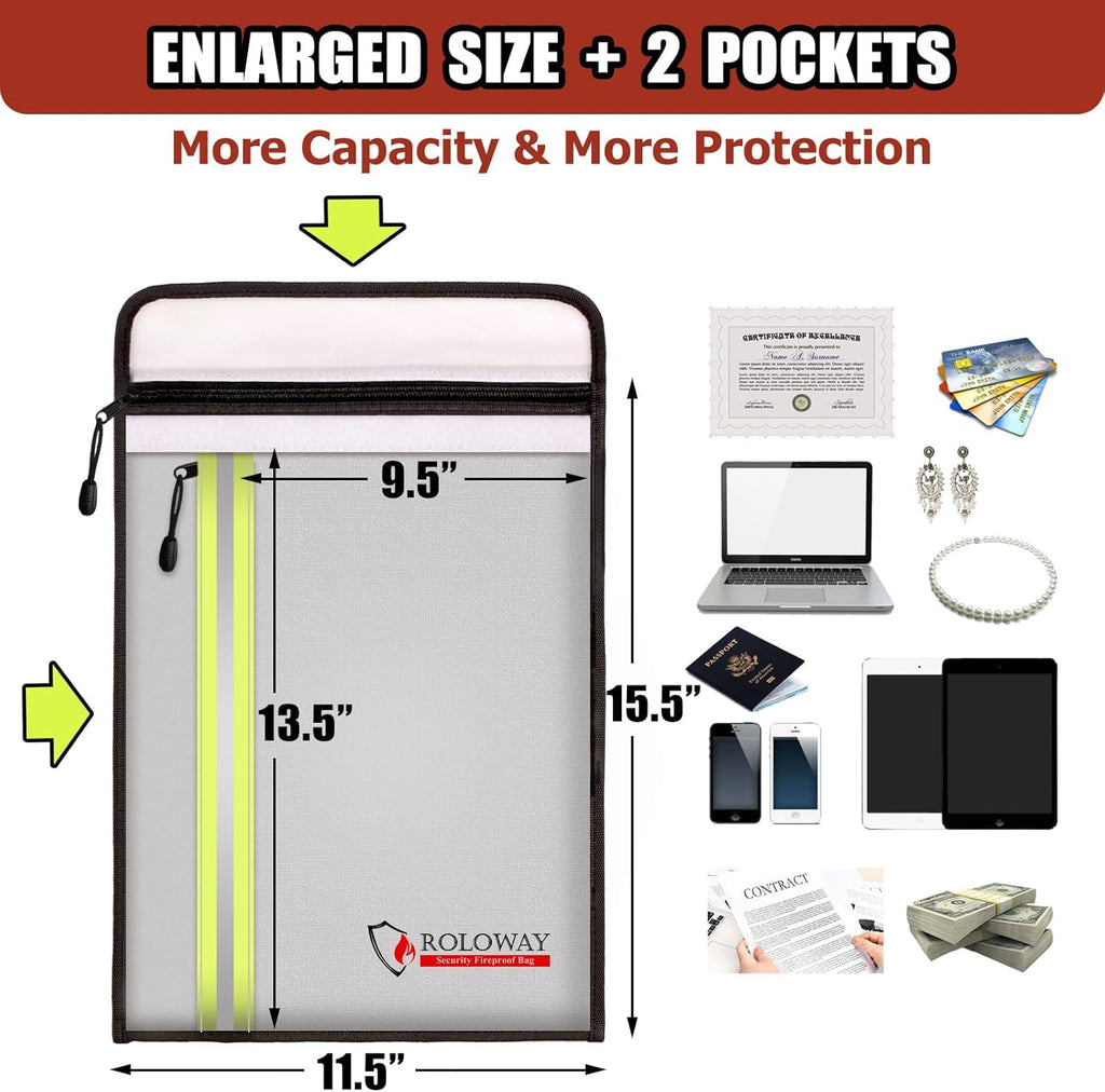 ROLOWAY Fireproof Document Bag (15.5 x 11.5 inch) with 2 Pockets and 5200℉ Aluminum Foil Layer, Fireproof Bag for Document Safe (Silver)
