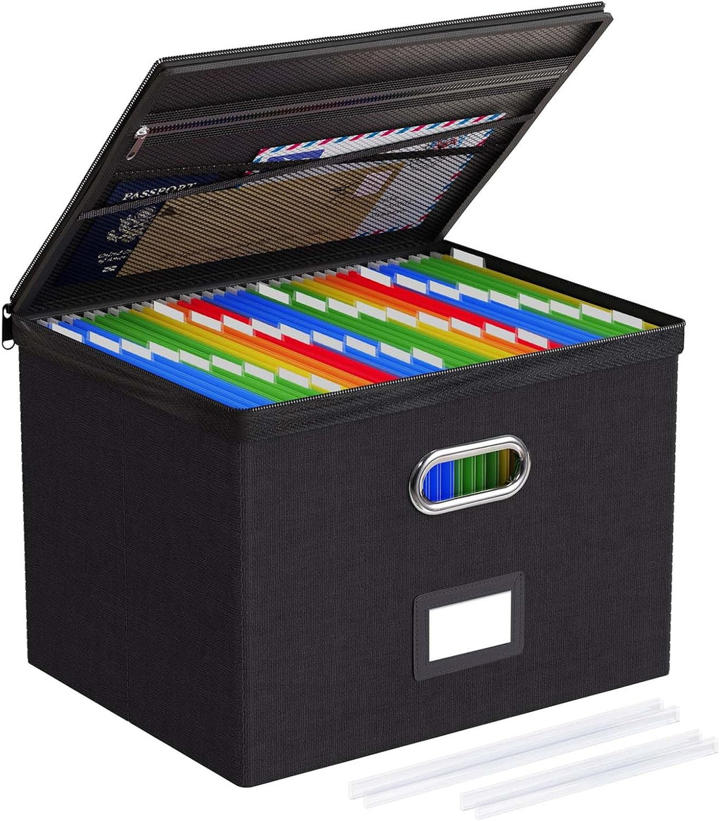 Oterri 1 Pack Large File Organizer Boxes with Lids, File Box with Mesh Pockets, Document Organizer Box for Legal/Letter Size Folders, Zippers Important Document Organizer (Black, Without Folders)