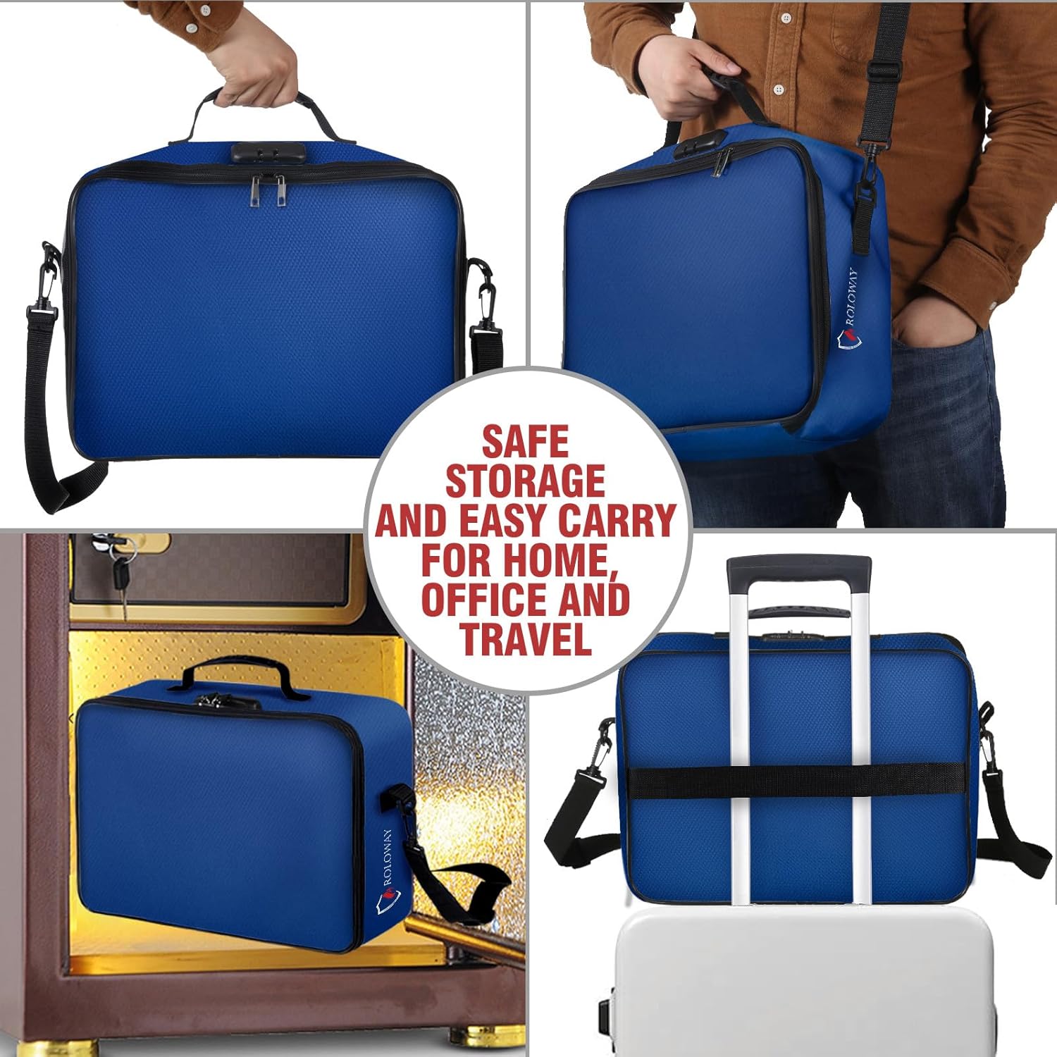 ROLOWAY Fireproof Document Bag with Lock (17 x 11.8 x 5 inch), Important Document Storage Bag with Multi-Layer File Organizers (Blue)