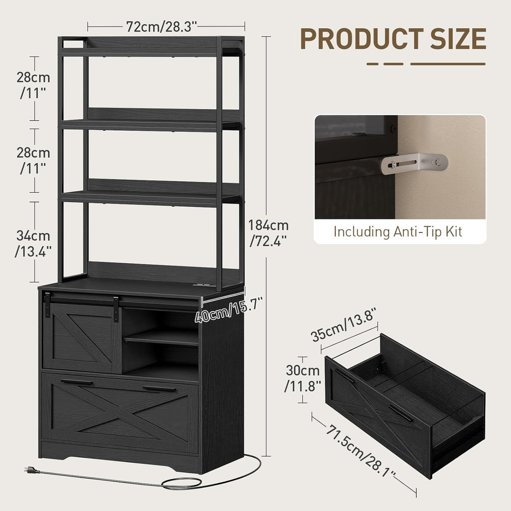 File Cabinet with Charging Station, Vertical Filing Cabinet with Shelves, Black File Cabinet for Home Office, Printer Stand with Open Storage Shelves & Barn Doors, Fits A4/Letter Files