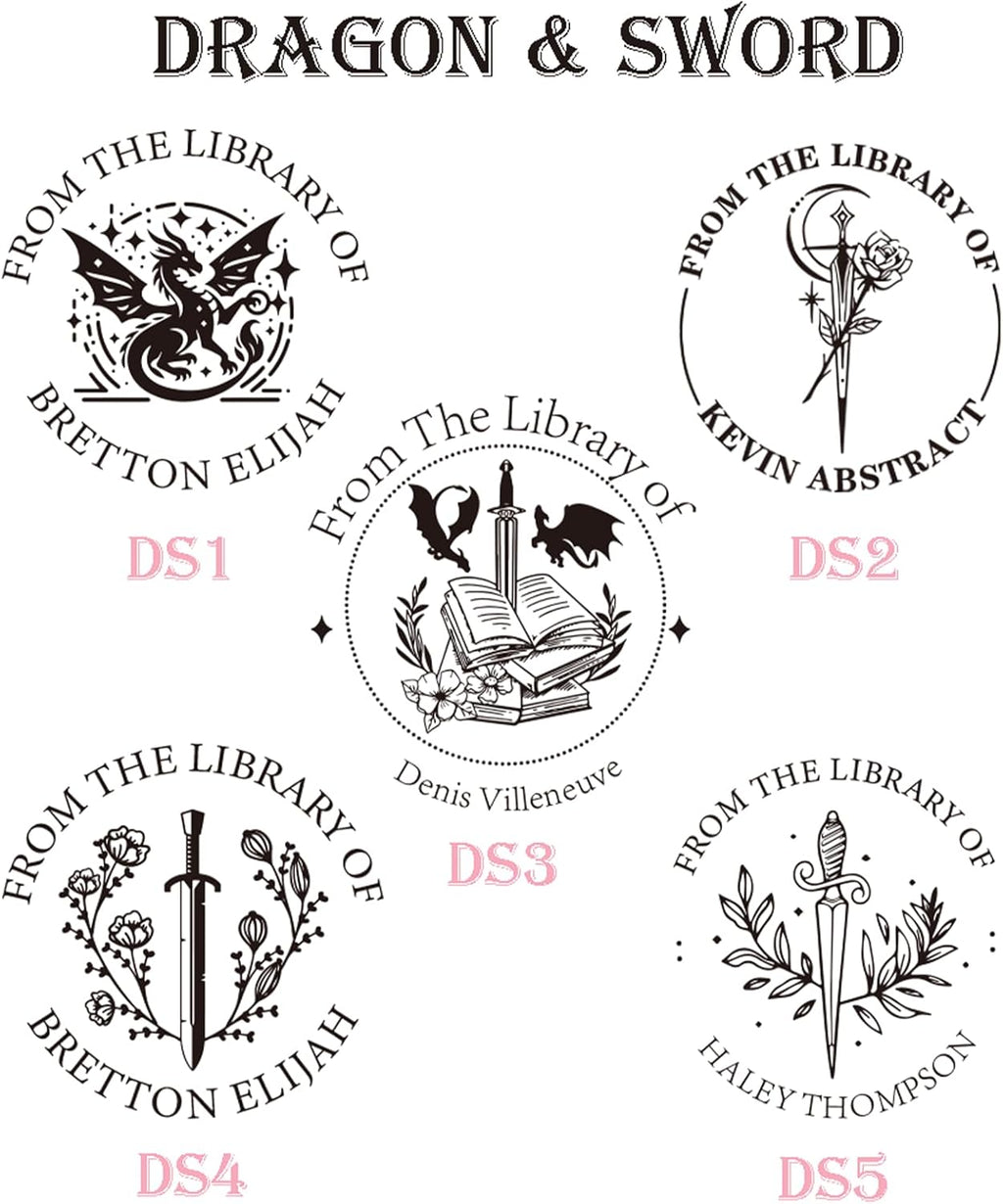 Personalized Book Embosser Stamp with Name & Design, Custom Hand Carved Library Embosser Set, Elegant Invitation Seal of Self-Inking from Library Stamp Kit (Sword & Dragon)
