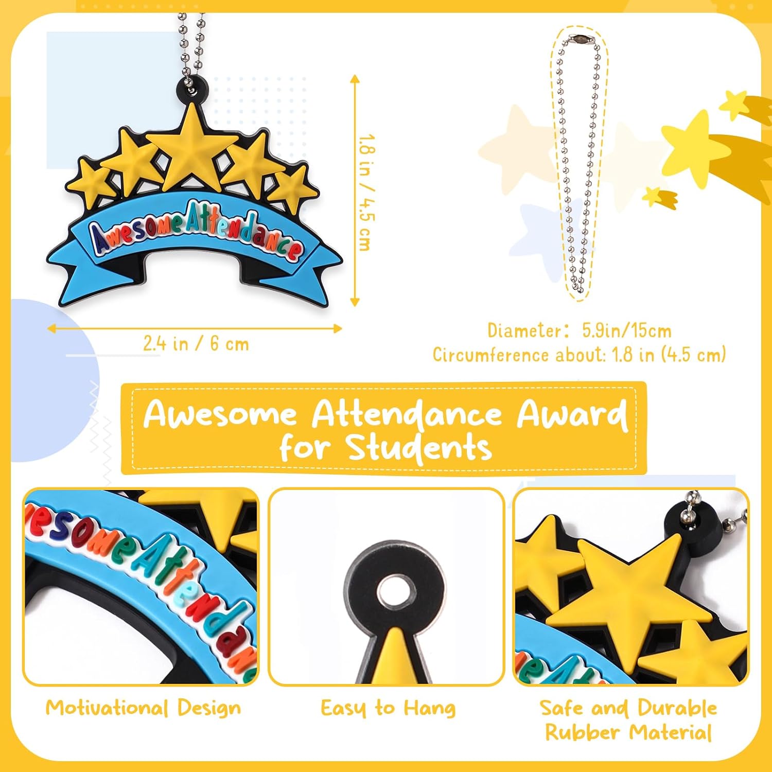 100 Pcs Awesome Attendance Silicone Tags with Chains, Motivational Brag Awards for Students, Classroom Incentives, Teacher Rewards, Reading Competition Prizes, Wearable Encouragement Gifts
