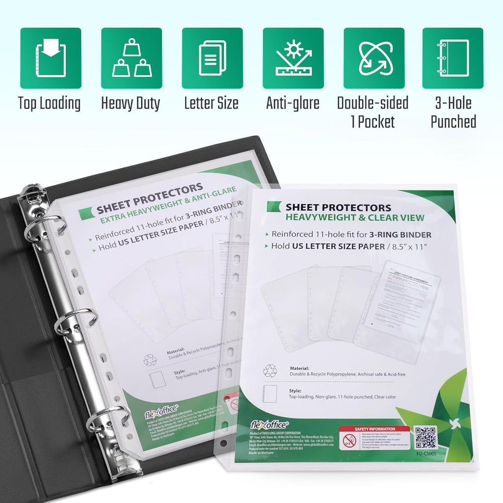 100 Pack, 8.5 x11 Clear Sheet Protectors, Non-Glare, Extra Heavy Duty Page Protectors for 3 Ring Binder, Top Loading Plastic Sleeves
