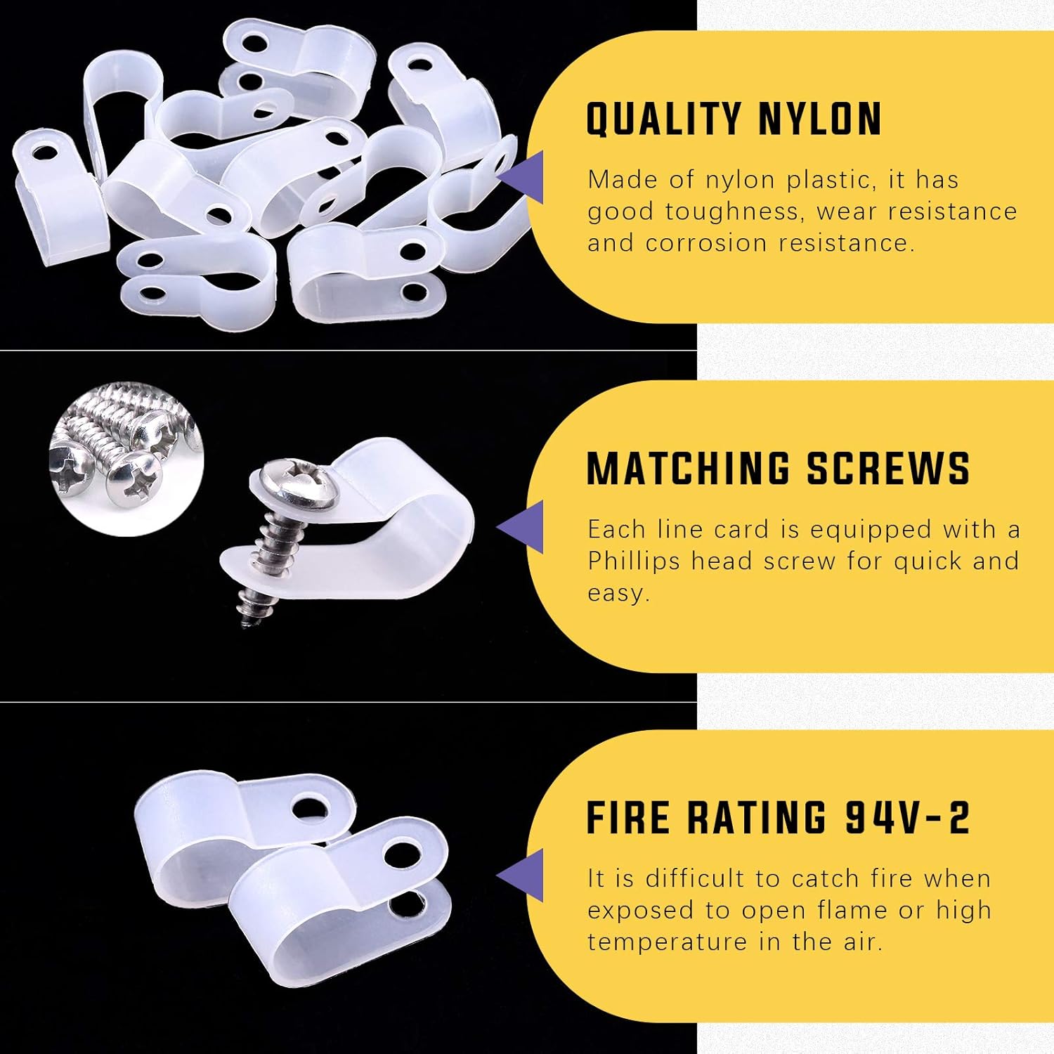 Swpeet 60 Pack White 3/8 Inch Nylon Plastic R-Type Cable Clips Clamp Kit, Nylon Screw Mounting Cord Fastener Clips with 60 Pack Screws for Wire Management (3/8 Inch, White)