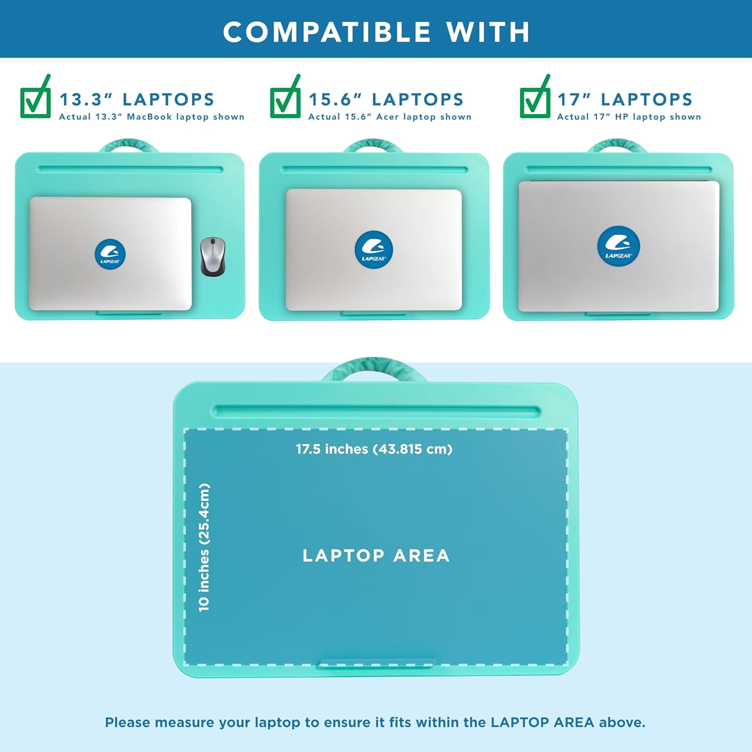 LAPGEAR Original Lap Desk – Large (17.9” x 13”) | Fits Up to 17.3” Laptops | Cushioned with Device Ledge, Pencil Tray & Handle | Portable & Lightweight | Aqua Sky – Style No. 45159