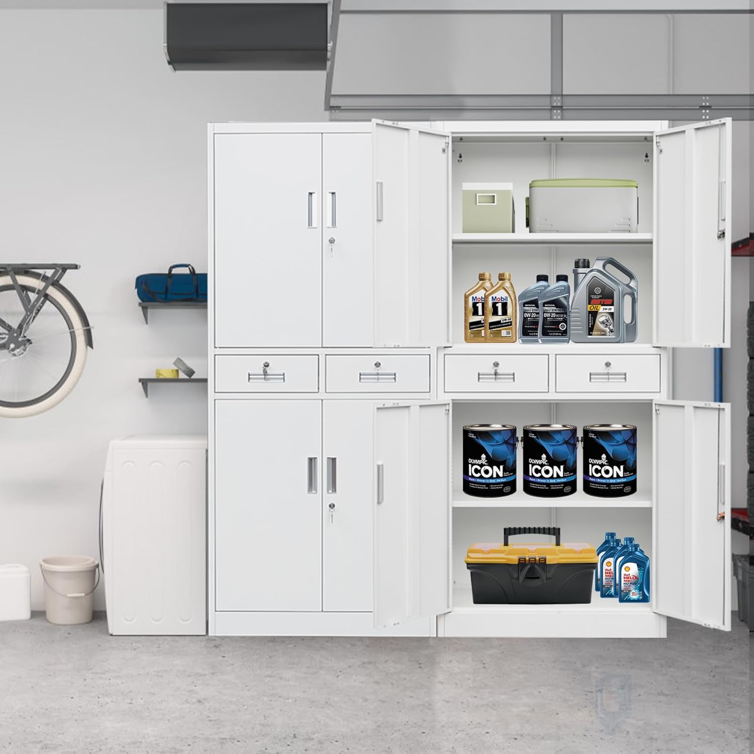 CMY Metal Storage Cabinet, 71" H x 32" W x 16" D Locking Cabinet with Adjustable Shelves and 2 Drawers, Steel Storage Cabinet for Office, Garage, Home, School, Utility Room-White