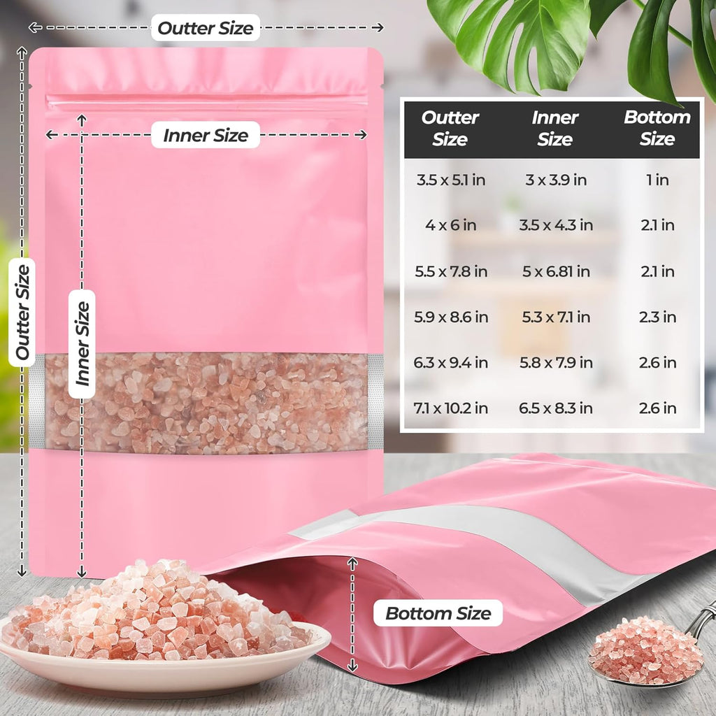 Funfery 100 Pcs Smell Proof Packaging Bags,Mylar Clear Bags for Food Storage,Sealable Bag for Packaging,Stand Up Pouches with Window,ReSealable Bag for Small Business,Cookies,Candy(Pink,4.7x7.9in)