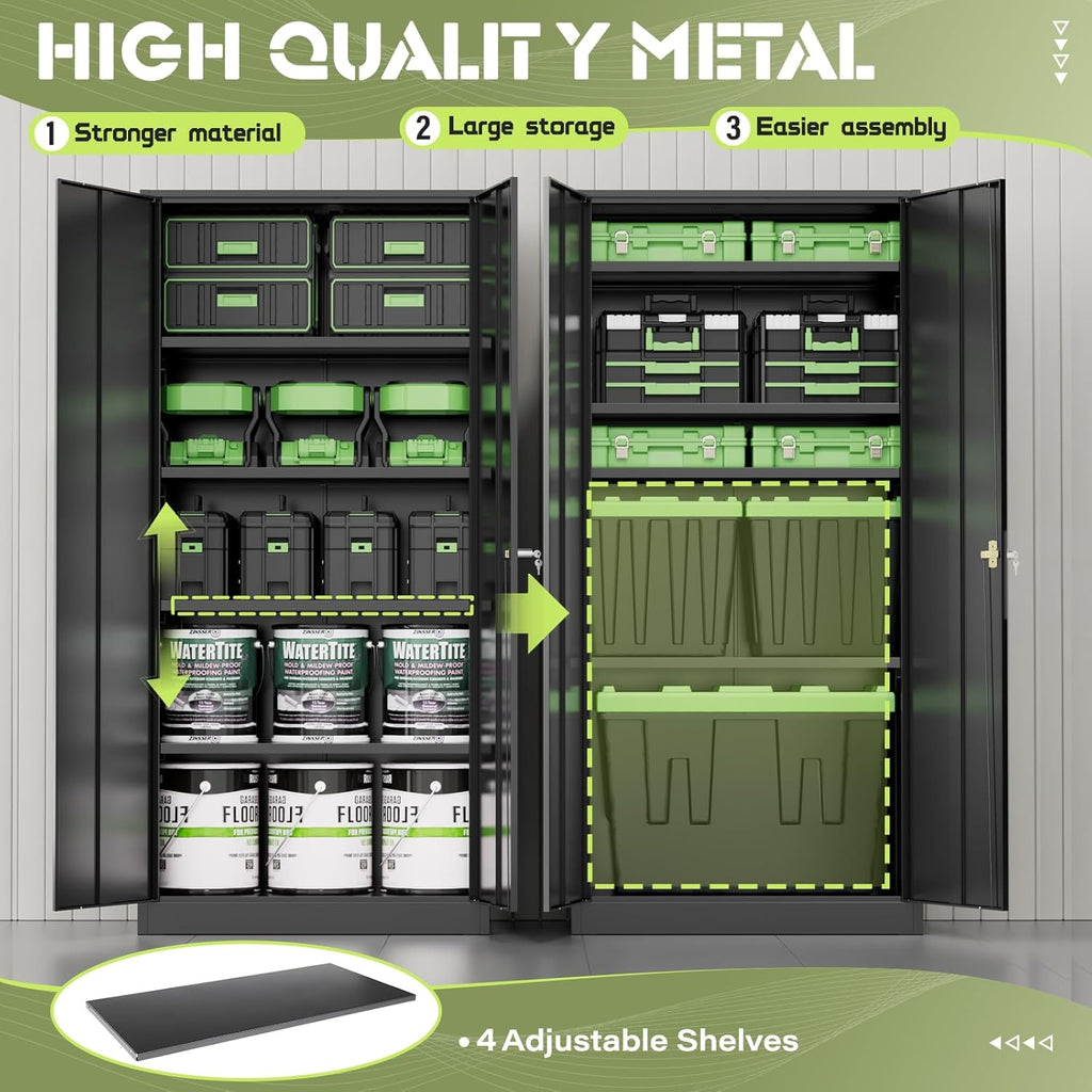 SUNCROWN 72" Metal Storage Cabinet - Heavy-Duty Metal Garage Cabinet with 4 Adjustable Shelves & 2 Doors for Tools, Office, Home, Workshop,Black