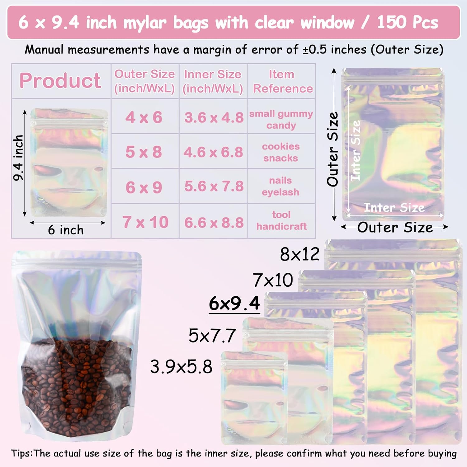 150 Pcs Mylar Bags for Food Storage, 6x9 Mylar Bag with Window Stand Up, Bulk Holographic Resealable Bags Smell Proof Bag Food Packaging for Small Business Freeze Dried Candy Jewelry Foil Packaging