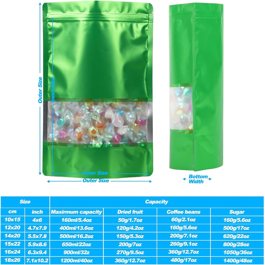 100 Pack Smell Proof Bags, Resealable Mylar Bags with Matte Window, Foil Pouch Stand-up Bags for Food Self Sealing Storage, Scratch Resistant Hand Storage Bags.(Green, 4.7×7.9 Inch)