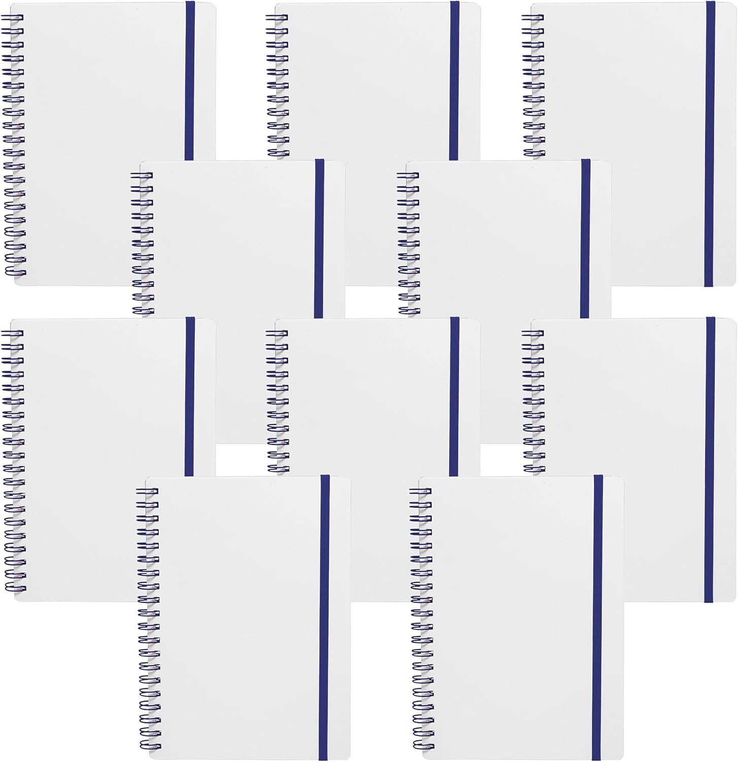 10 White Spiral Notebooks with Elastic Band Pack - 80 lined pages, Recycled - Blue