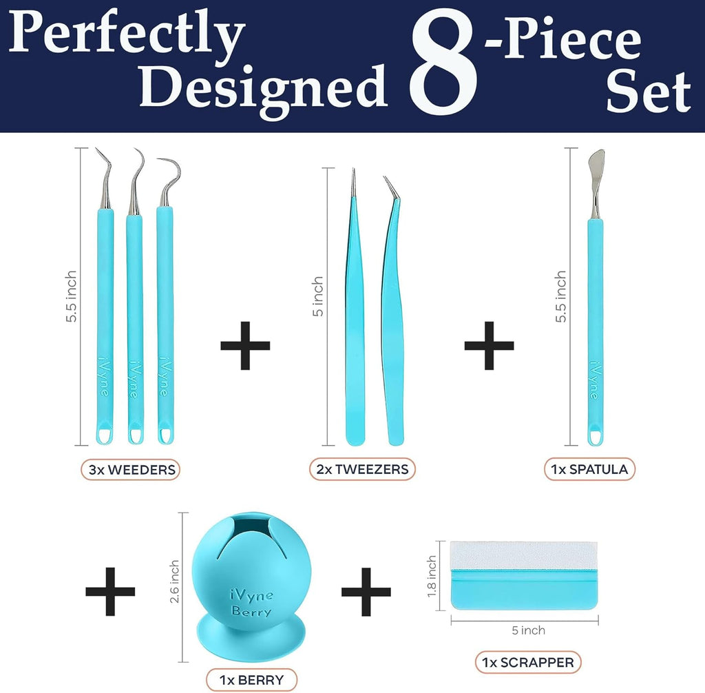 iVyne (8pcs) Premium Vinyl Weeding Tool Kit & Weeding Scrap Collector Soft Grip Tools with Berry, Weeder, Tweezers, Picker Or Hook, and Scraper Set for Silhouette Cameos & Cricut - Blue
