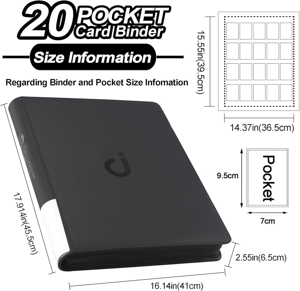 Premium 2000 Pocket Card Binder - 20 Pocket Trading Card Binder with Sleeves Fits 2000 Cards, Ringless Card Album for TCG - Model A，Classic Black