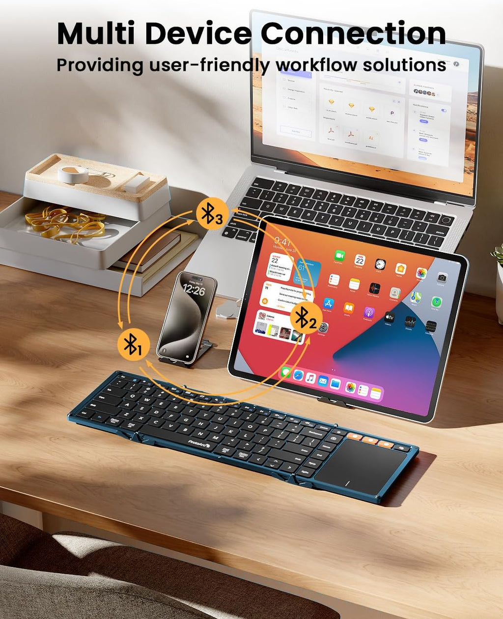 ProtoArc Foldable Keyboard with Touchpad, XK01 TP Folding Portable Keyboard, Full Size Keys, Large Trackpad Bluetooth Travel Keyboards for Laptop PC Tablet - Blue
