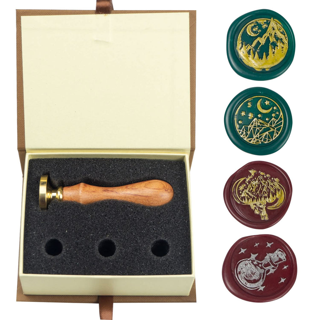 Moon Wax Seal Stamp Set with 4 PCS Removable Brass Heads and 1 Wooden Handle, Star Moon Sealing Wax Stamp for Cards Invitations
