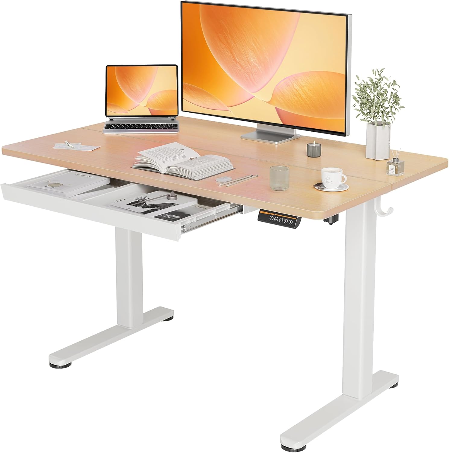 YDN Standing Desk with Drawers, Height Adjustable Desk 48 x 24 Inch, Electric Sit Stand Home Office, Natural