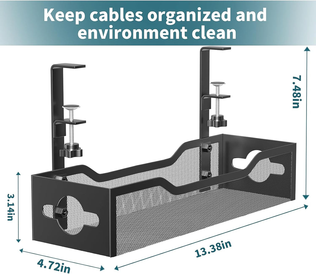 Under Desk Cable Management Tray 2 Pack, Cable Management Under Desk No Drill, Desk Cable Organizer with Clamp Easy to Install for Standing Desk Cord Organizer, Desk Wire Management No Damage to Desk