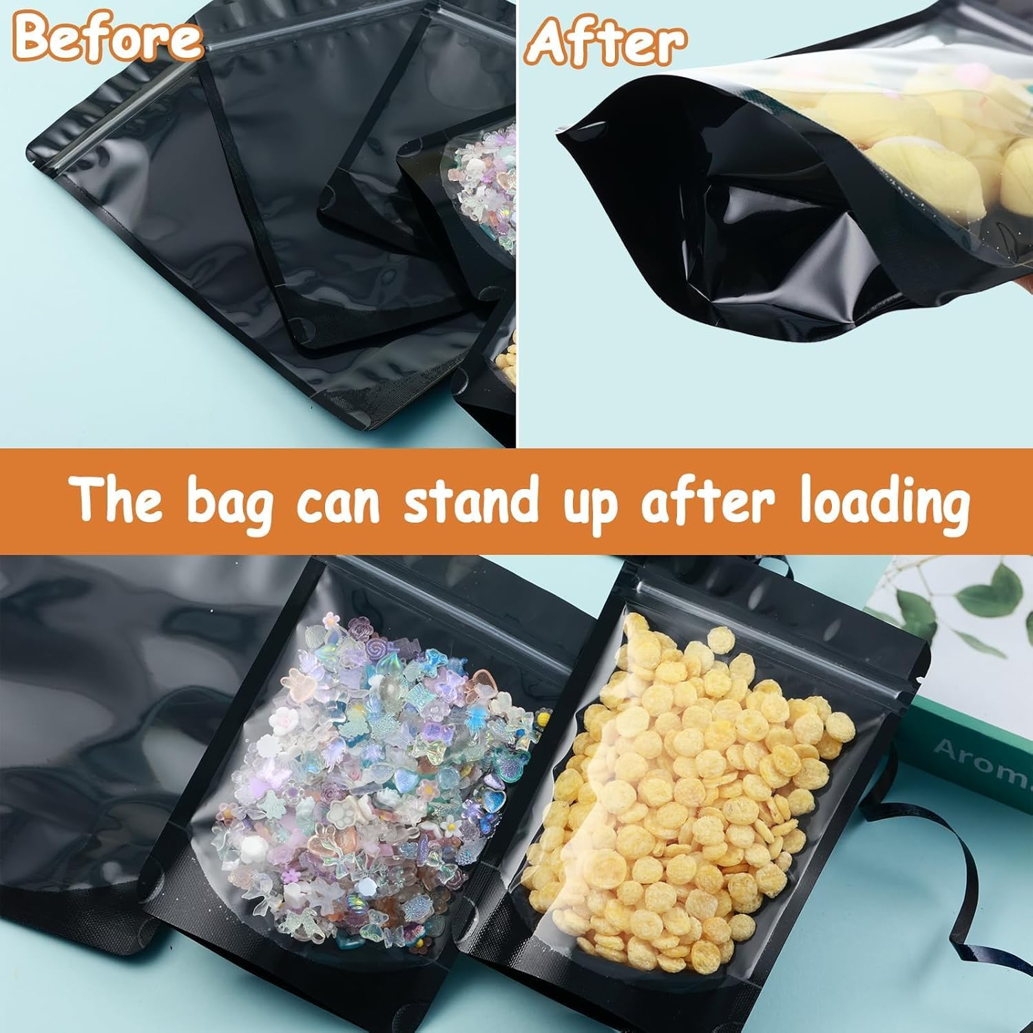 200 Mylar Bags for Food Storage 5X8 Mylar Bags with Window Candy Packaging Resealable Bags Black Stand Up Pouches Edible Packaging for Small Business