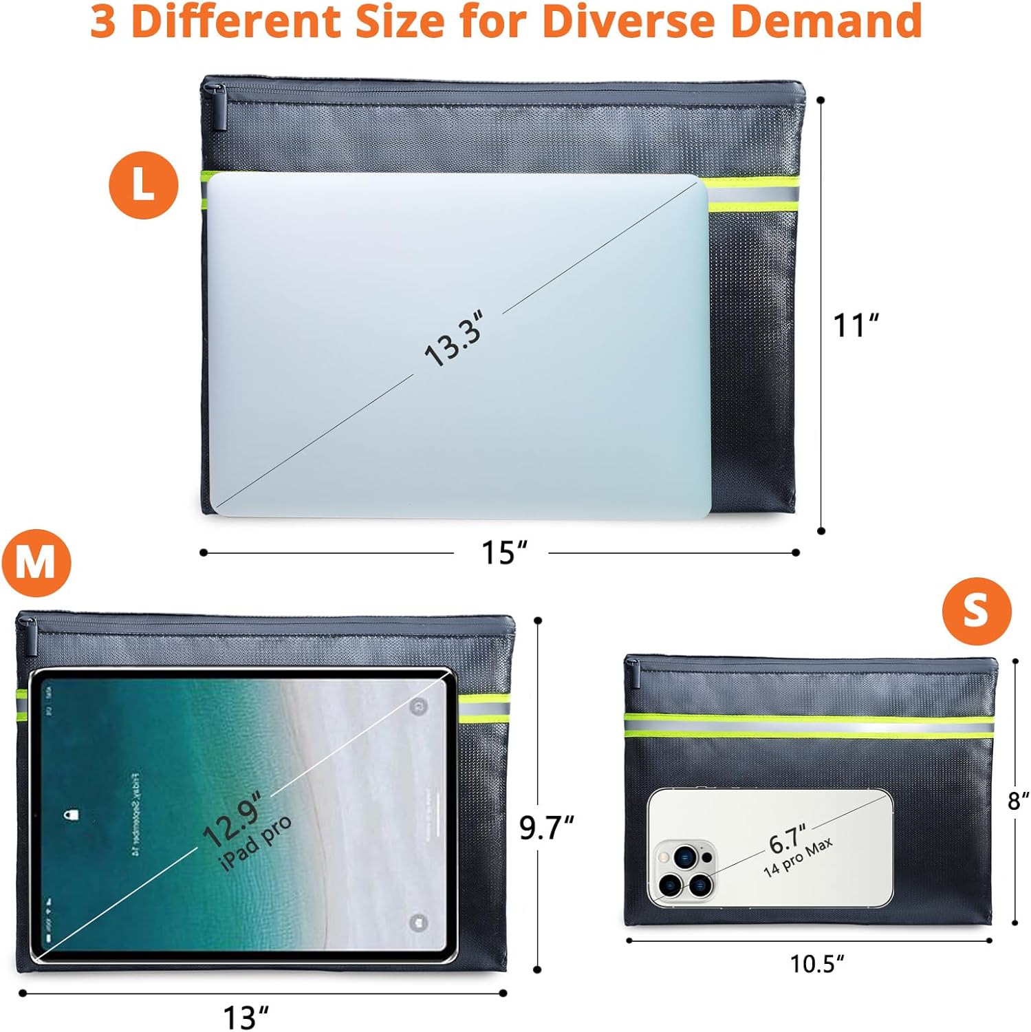 Fireproof Document Bag – 3 Pack (15" x 11", 13" x 9.7", 10.5" x 8") Fireproof & Water- proof Document Organizer | Document Holder with Zipper Secure for Cash, Passports, Check& More