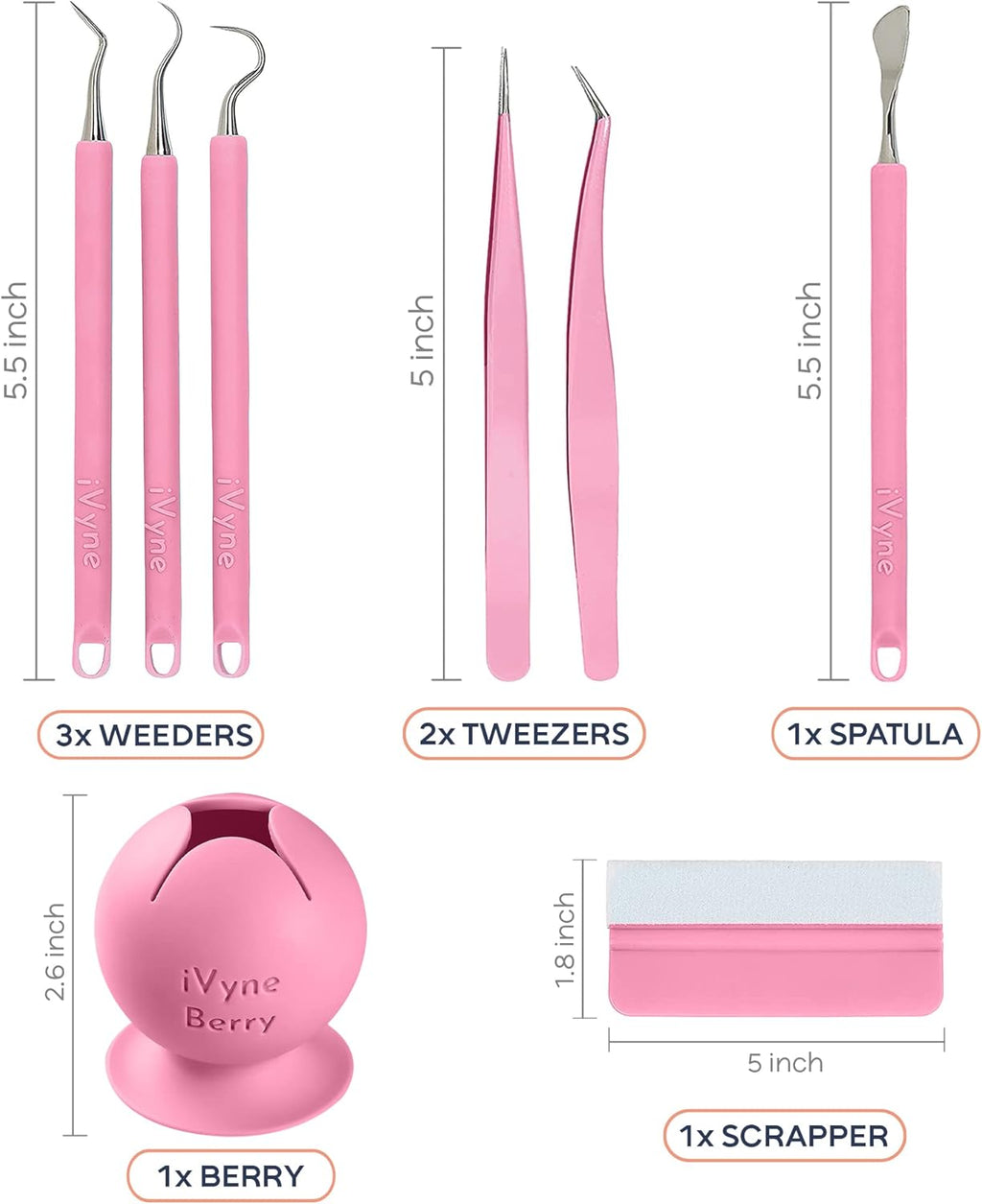 iVyne (8pcs) Premium Vinyl Weeding Tool Kit & Weeding Scrap Collector Soft Grip Tools with Berry, Weeder, Tweezers, Picker Or Hook, and Scraper Set for Silhouette Cameos & Cricut - Pink