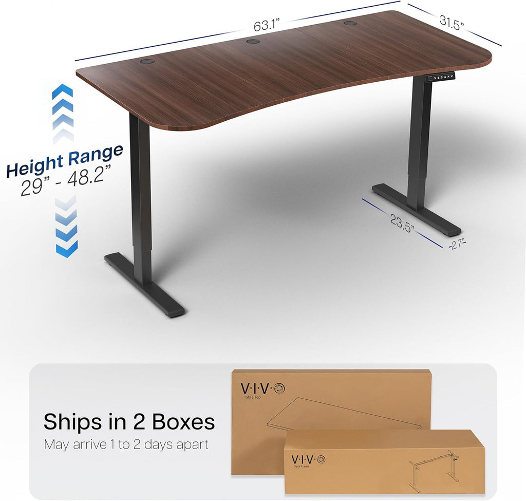 VIVO Electric 63 x 32 in Standing Desk, Memory Height Adjustment, 1B Series, Dark Walnut Top Black Frame, DESK-KIT-1B1D
