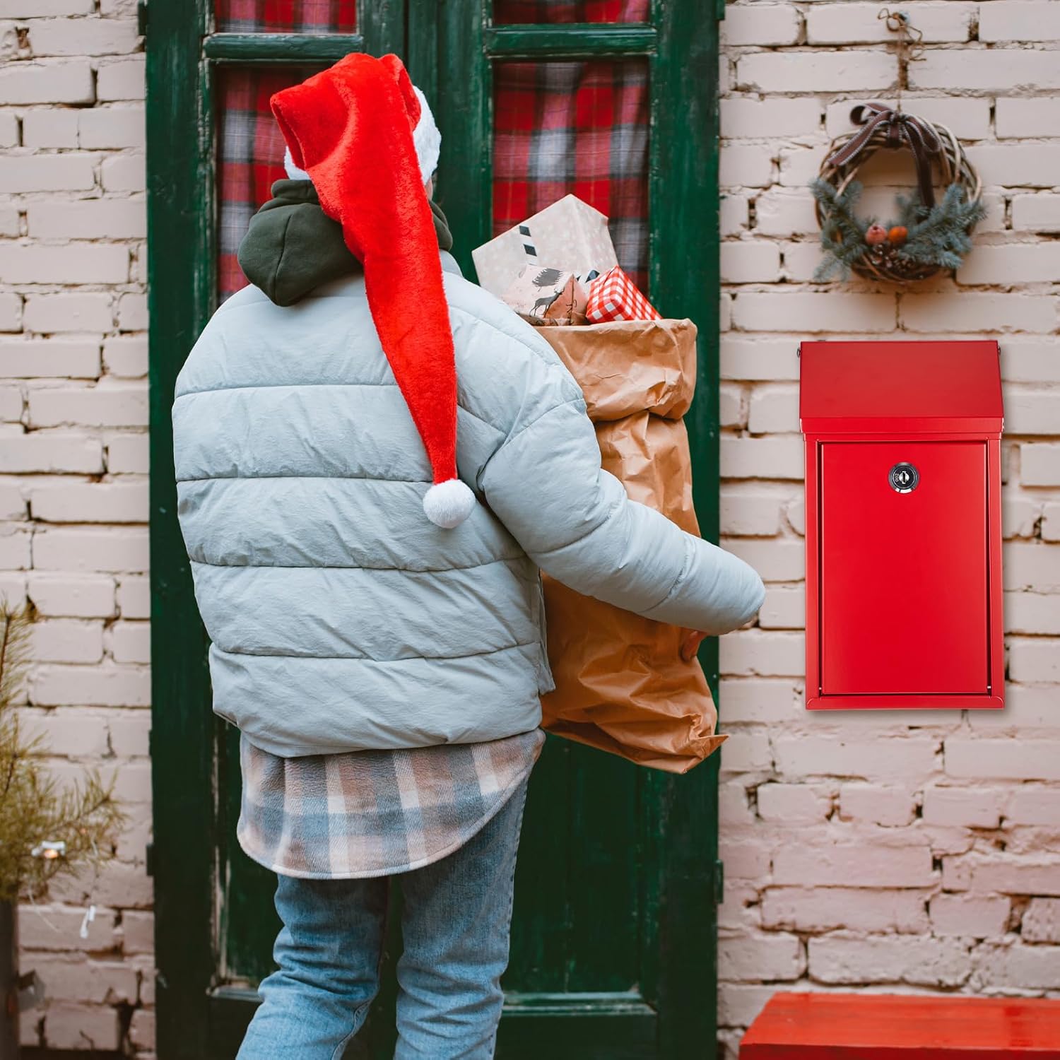 Metal Donation Box Collection Safe Suggestion Box with Slot and Lock Waterproof Wall Mounted Mailbox Money Container Lock Key for Home Outdoor Door, 10.2 x 5.7 x 3 Inch(Red)