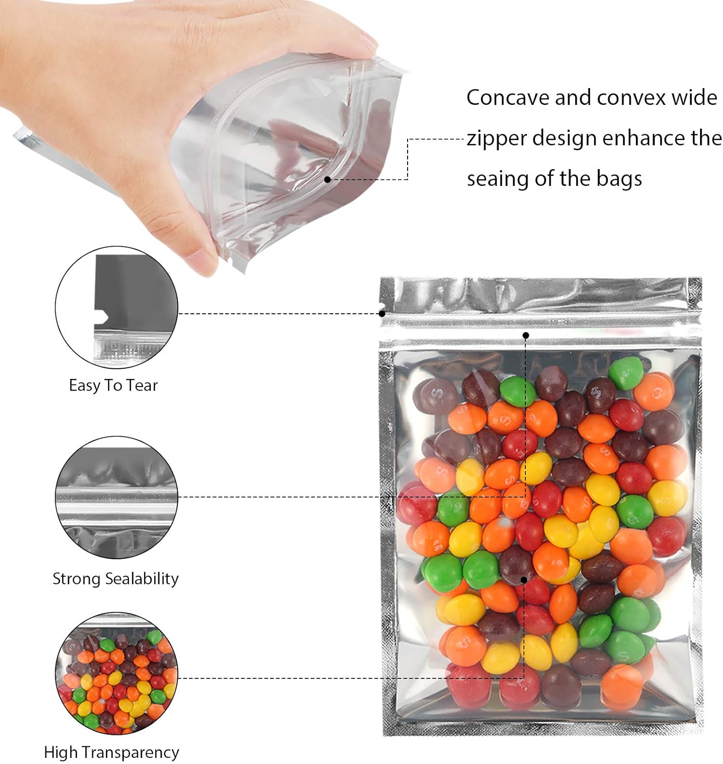 Resealable Mylar Bags | 100 Pcs 2.4 × 3.9 Inch | Smell Proof Bag Heat Seal Cute Packaging Foil Food Sealable Small Front Clear Plastic Silver for Storage Candy Beef Jerky Jewerly Product