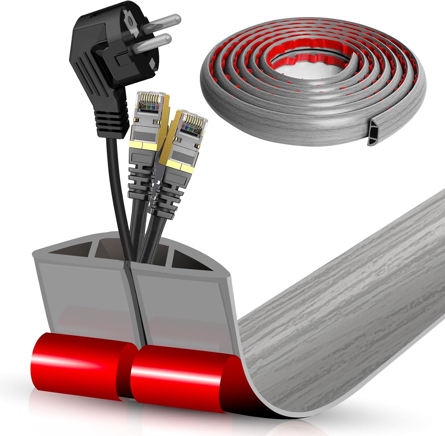 Floor Cord Cover Self Adhesive Cord Hider,10FT Cable Management, Extension Strip Protector for Wires, Prevent Cable Trips for Offices, Gyms, Exhibitions Cavity:0.51"(W) x 0.3"(H) Gray Wood