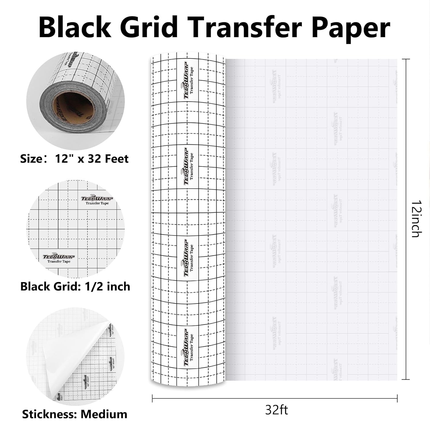 TECKWRAP Transfer Tape for Vinyl - 12" x 32FT Vinyl Transfer Paper for Permanent Vinyl, Stickers, Decals, Signs, Windows, Alignment Grid & Clear