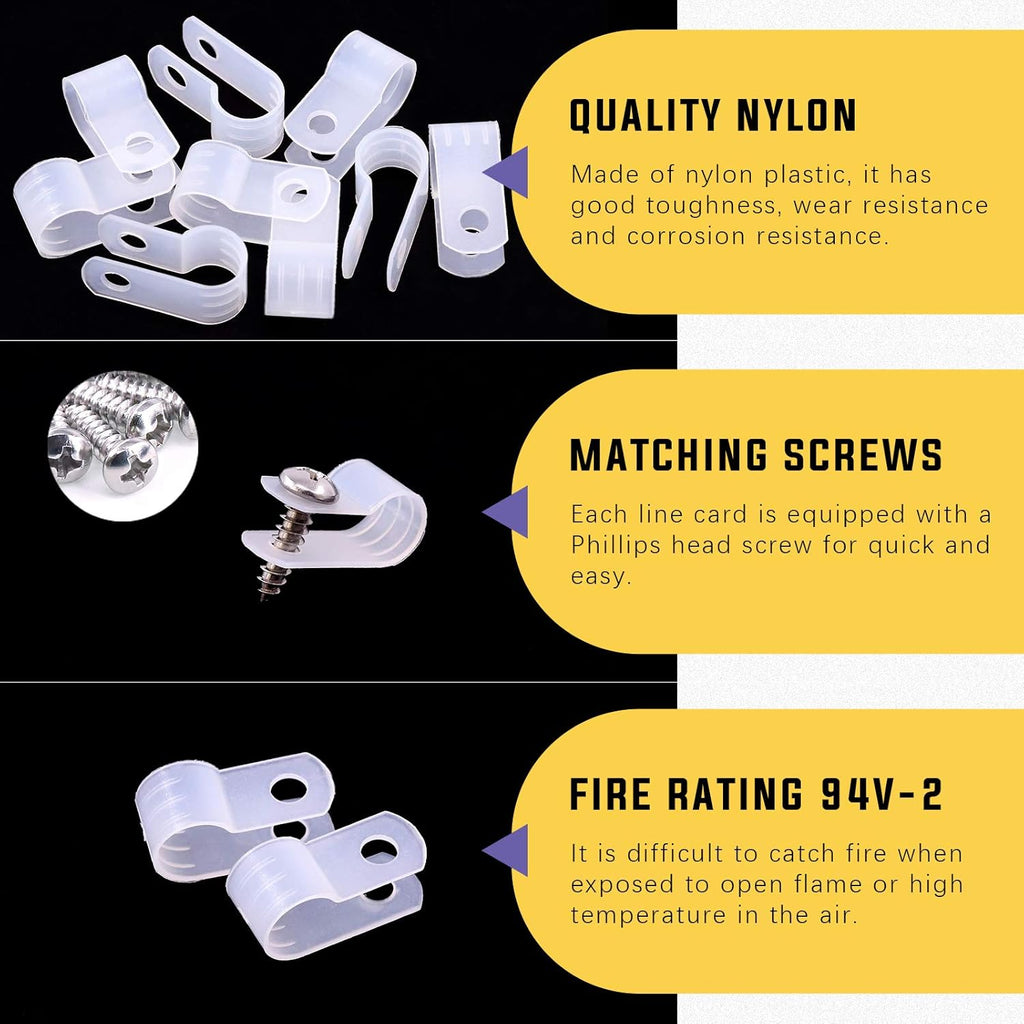 Swpeet 60 Pack White 5/16 Inch Nylon Plastic R-Type Cable Clips Clamp Kit, Nylon Screw Mounting Cord Fastener Clips with 60 Pack Screws for Wire Management (5/16 Inch, White)
