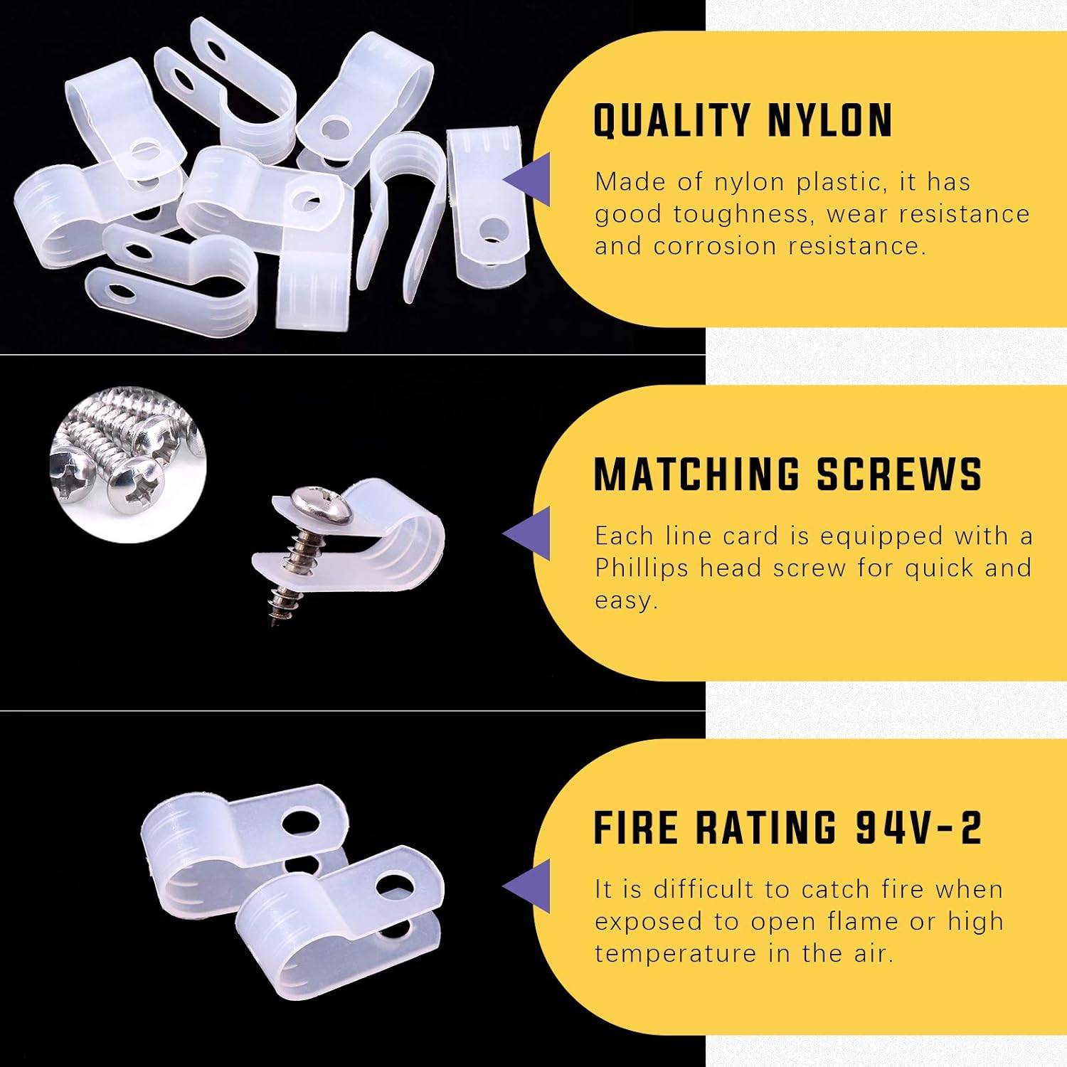 Swpeet 60 Pack White 5/16 Inch Nylon Plastic R-Type Cable Clips Clamp Kit, Nylon Screw Mounting Cord Fastener Clips with 60 Pack Screws for Wire Management (5/16 Inch, White)