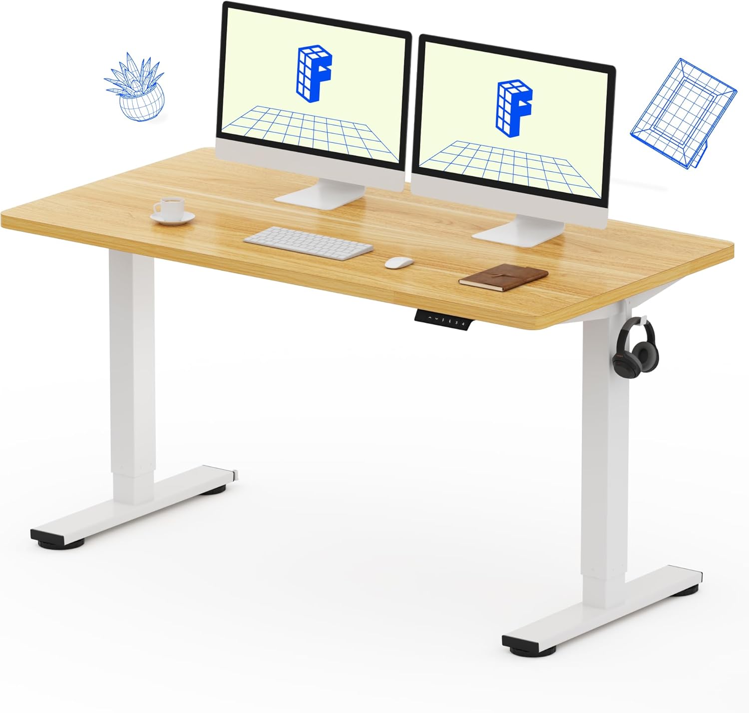 FLEXISPOT EN1 One-Piece Standing Desk 55 x 28 Inch Electric Adjustable Height Desk for Home Office and Computer Workstation (White Frame + 55" Maple Top, 2 Packages)
