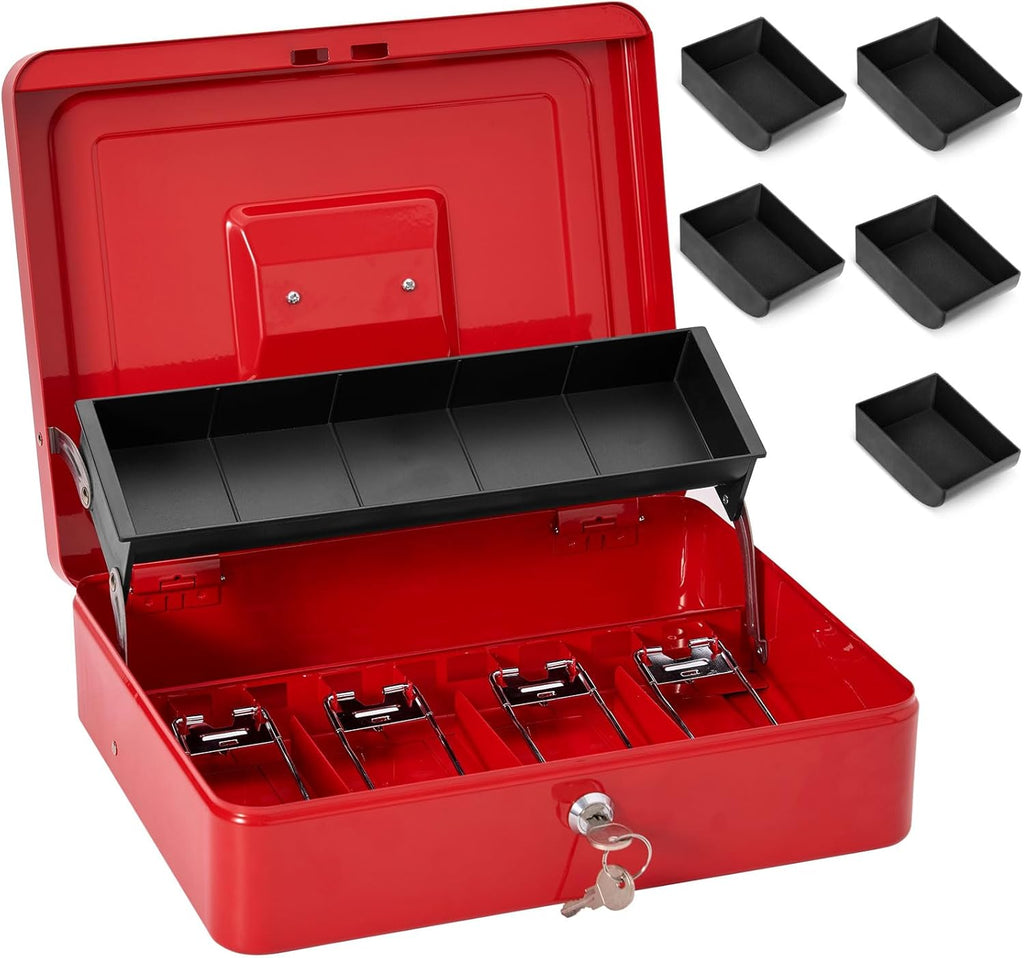 Large Locking Cash Box with Key Lock and Money Tray, Money Box with Cash Tray, Lock Safe Box for Office Business, 11.8" x 9.5" x 3.5", Red
