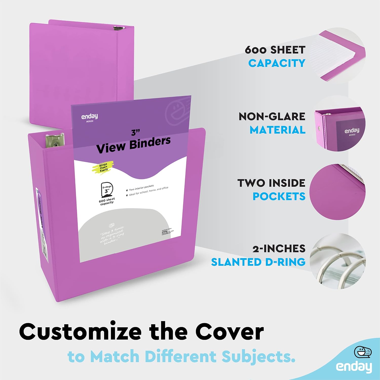 3 Slant D-Ring Binder 3 Inch Purple, 3 in Clear View Cover with 2 Inside Pockets Binder, Heavy Duty Colored School Supplies Binders,Also Available in Green, Grey, Red, Blue, Pink (12 PC) – by Enday